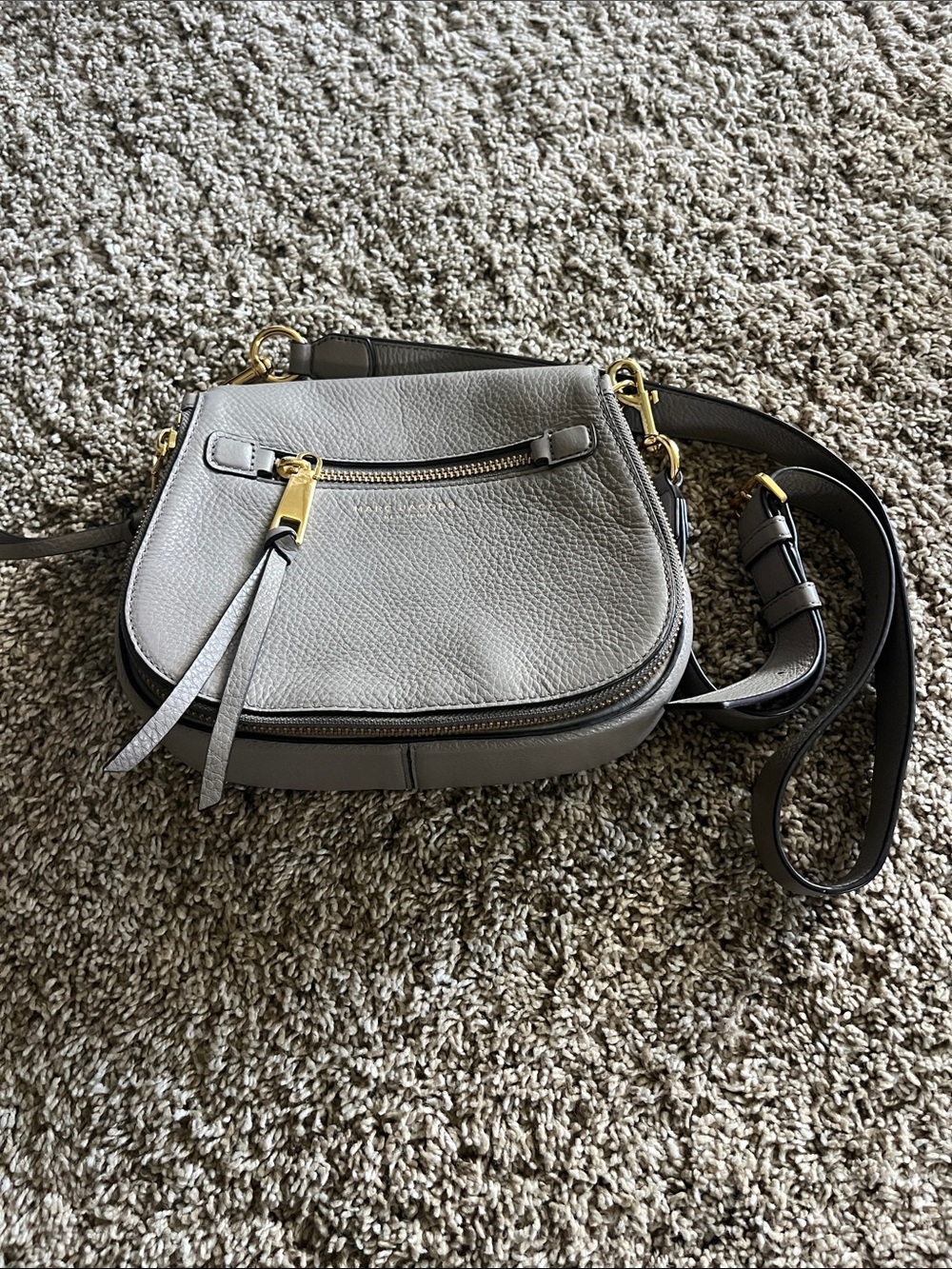 Marc Jacobs Pebbled Leather Grey Crossbody Saddle Bag with Gold Hardware